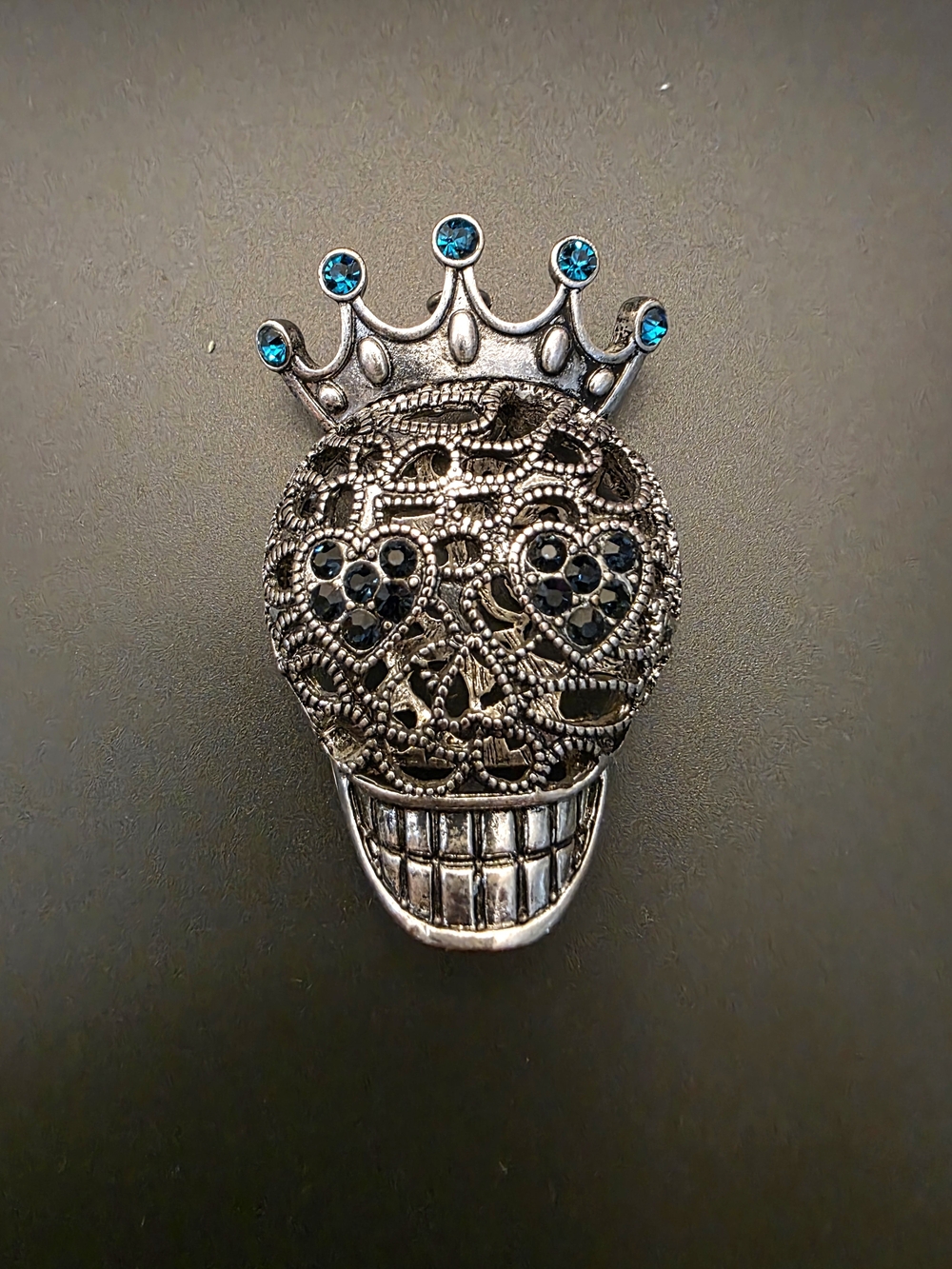 Crowned Skull Necklace Charm with Teal Crystal Accents